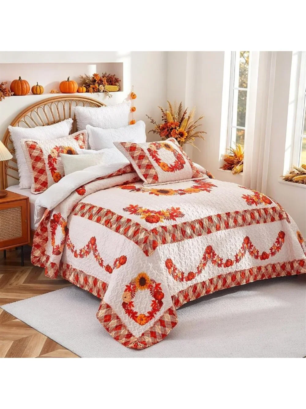 King Size Halloween Quilt Set - Reversible Orange Pumpkin Bedding for Fall Decor